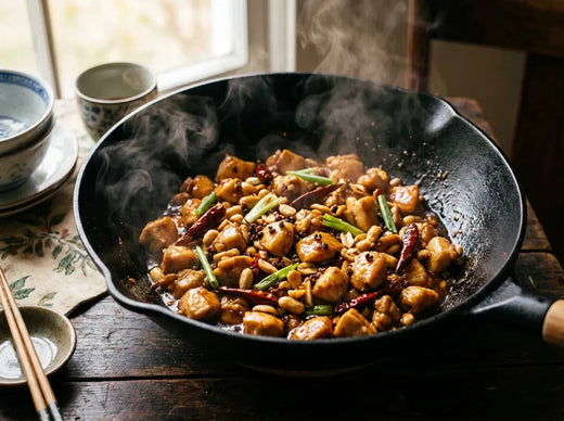 Poulet Kung Pao dans un wok : dés de poulet dorés, cacahuètes, piments rouges séchés et cébette dans une sauce brillante