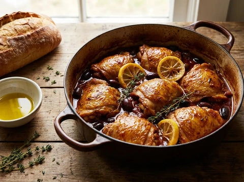 Cuisses de poulet braisées au four dans une sauce tomate aux olives noires et rondelles de citron, parsemées de thym, dans une cocotte