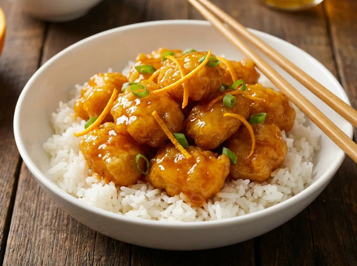 Poulet à l’orange croustillant nappé d’une sauce brillante, parsemé de zestes d’orange et servi avec un riz nature