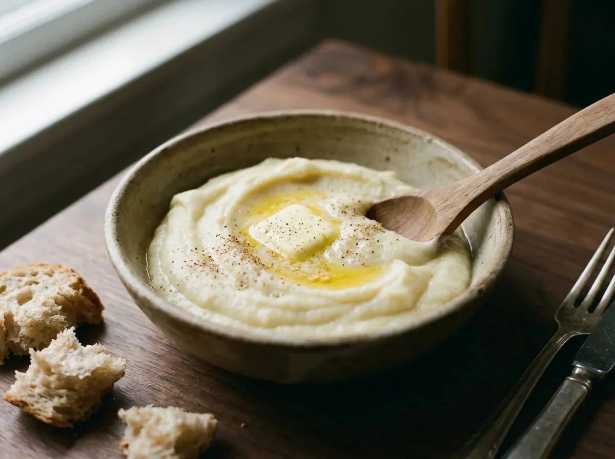 Purée Soubise onctueuse d'oignons au riz montée à la crème, servie en quenelle dans une assiette classique