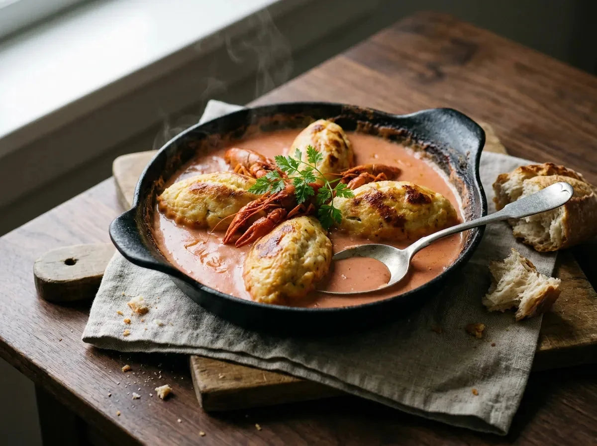 Quenelles de brochet dorées et gonflées nappées d'une sauce Nantua rose dans un plat à gratin
