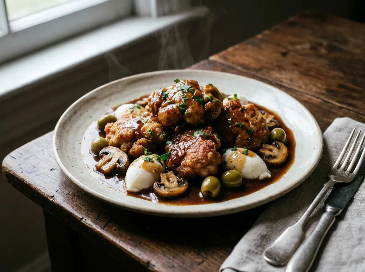 Ris de veau braisés dorés nappés d’une sauce au madère avec quenelles, champignons et olives