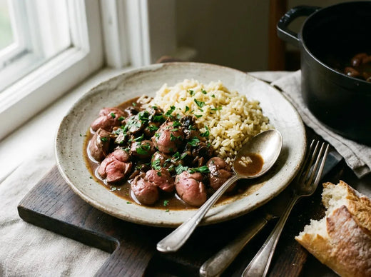 Rognons de veau sautés rosés dans une sauce brune au Madère et champignons, parsemés de persil