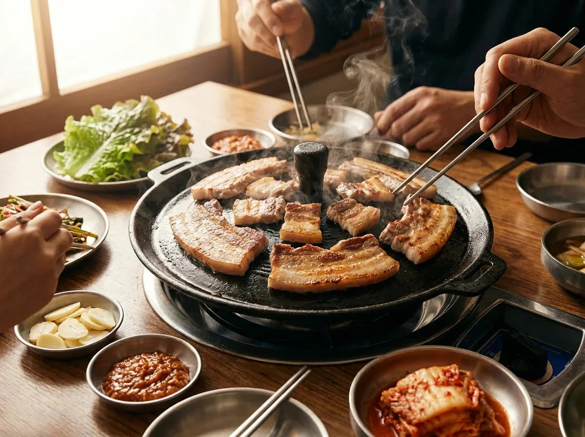 Samgyeopsal coréen : tranches de poitrine de porc grillées sur une plaque avec ail, kimchi, feuilles de salade et bol de ssamjang