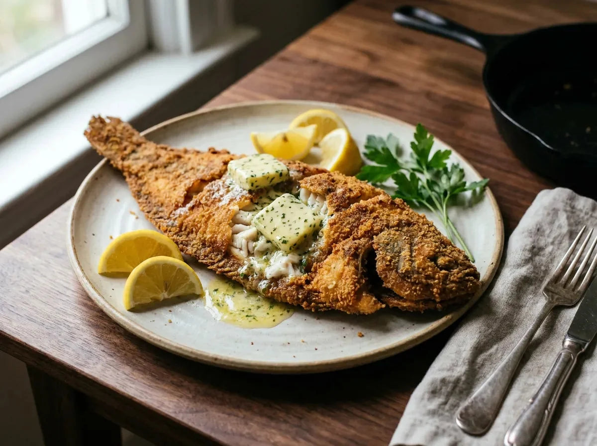 Sole Colbert dorée et ouverte, garnie de rondelles de beurre maître d’hôtel fondant et de quartiers de citron