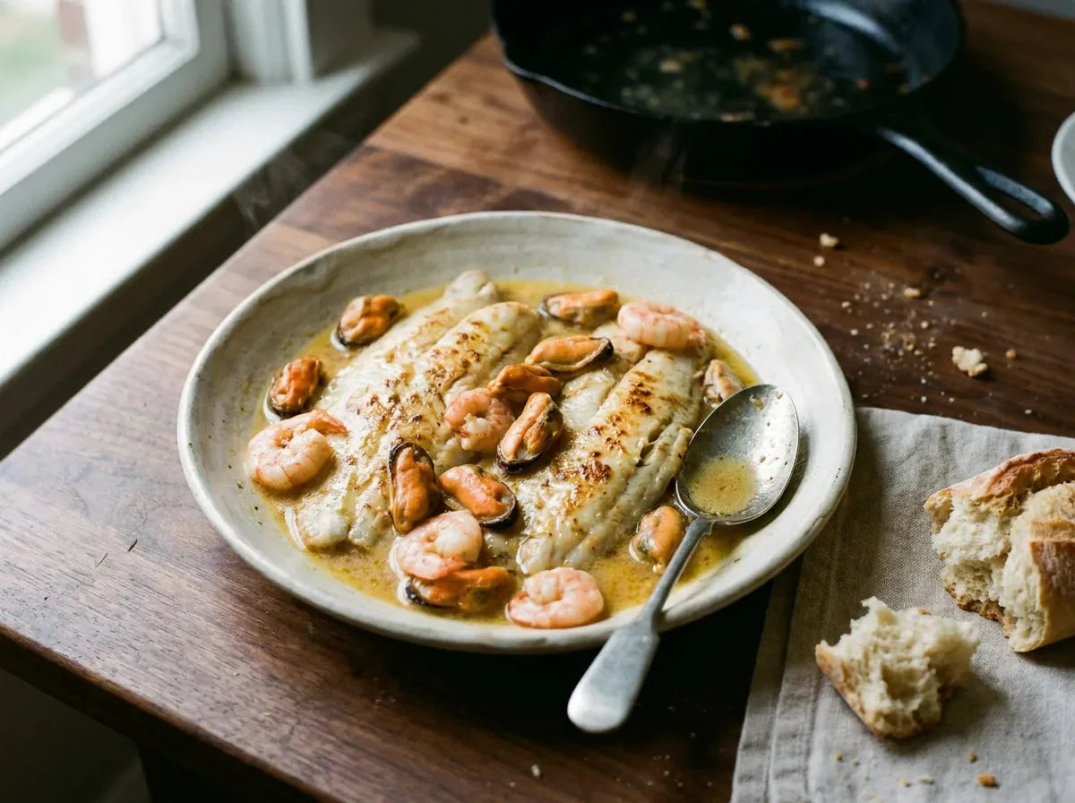 Filets de sole Marguery entourés de moules et de crevettes, nappés d’une sauce dorée au vin blanc glacée