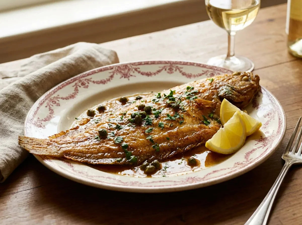 Sole meunière dorée à la poêle, nappée de beurre noisette, citron et persil, avec des quartiers de citron