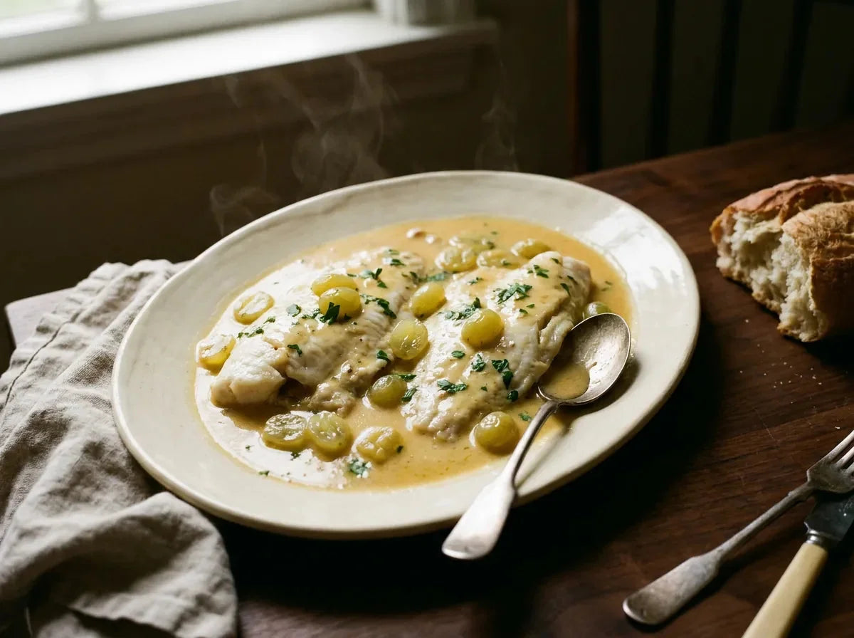 Filets de sole Véronique nappés d’une sauce crémée glacée et parsemés de raisins muscat pelés, dans une assiette de porcelaine