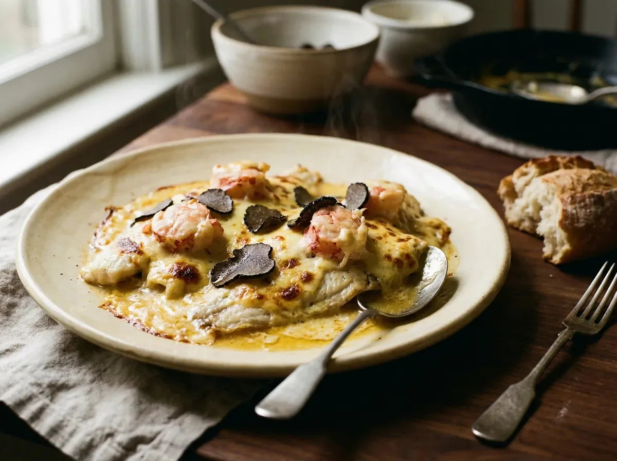 Filets de sole Walewska garnis de médaillons de homard et de lames de truffe, nappés d’une sauce Mornay glacée et dorée