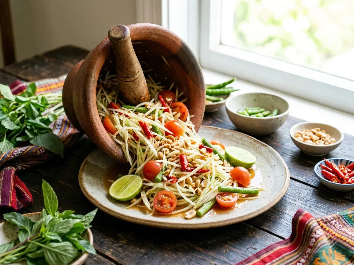 Som tam, salade thaïe de papaye verte râpée avec tomates, haricots longs, cacahuètes, piment et citron vert dans un mortier