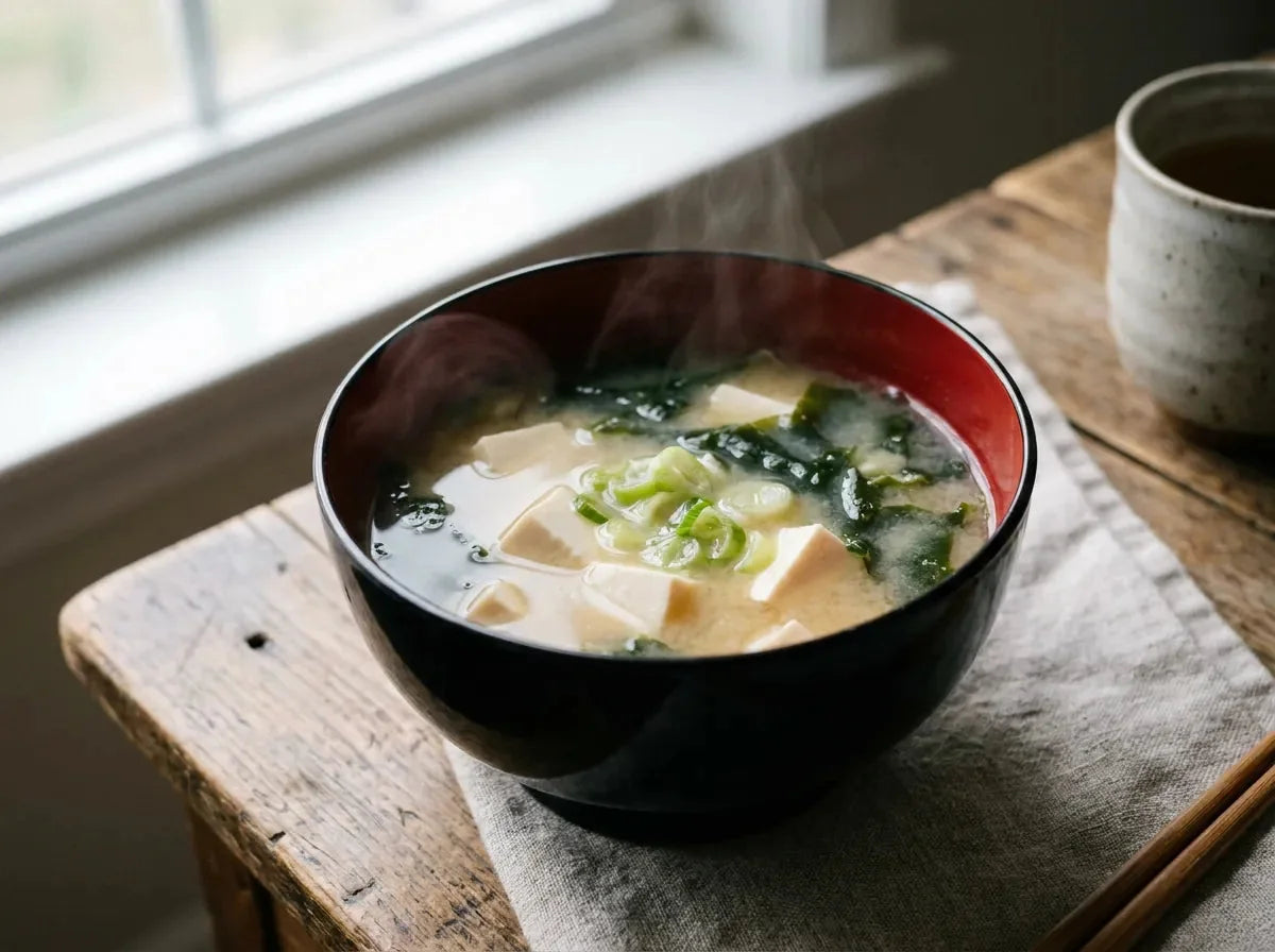 Bol de soupe miso japonaise : bouillon trouble garni de dés de tofu soyeux, de wakame et d’oignon nouveau ciselé