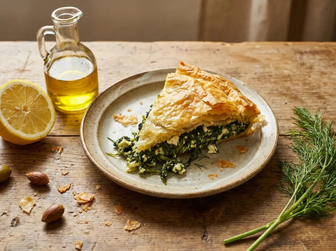 Part de spanakopita grecque : farce d’épinards et de feta dans une pâte filo dorée et croustillante