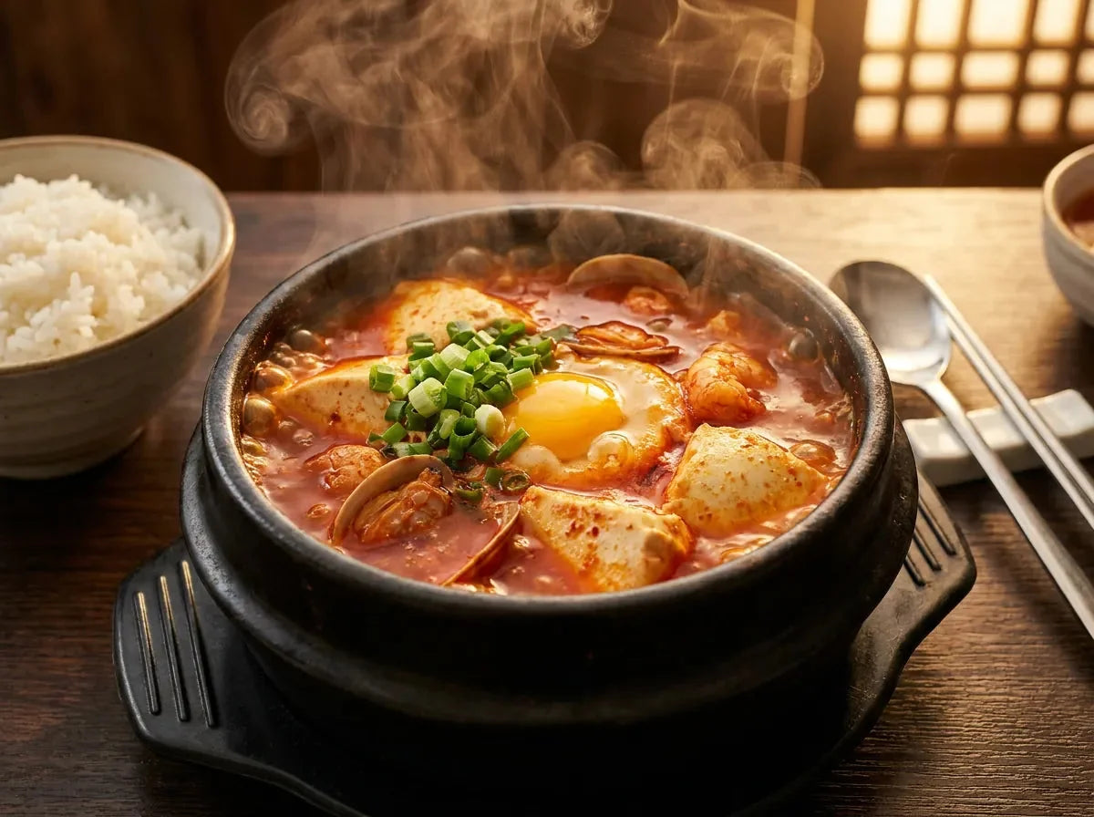 Sundubu jjigae bouillonnant dans un poêlon de pierre : tofu soyeux, bouillon rouge au piment, fruits de mer et un œuf cassé au centre