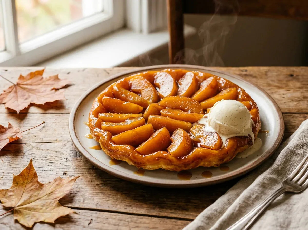 Tarte Tatin aux pommes retournée sur un plat, quartiers de pommes caramélisés brillants et ambrés sur une pâte dorée