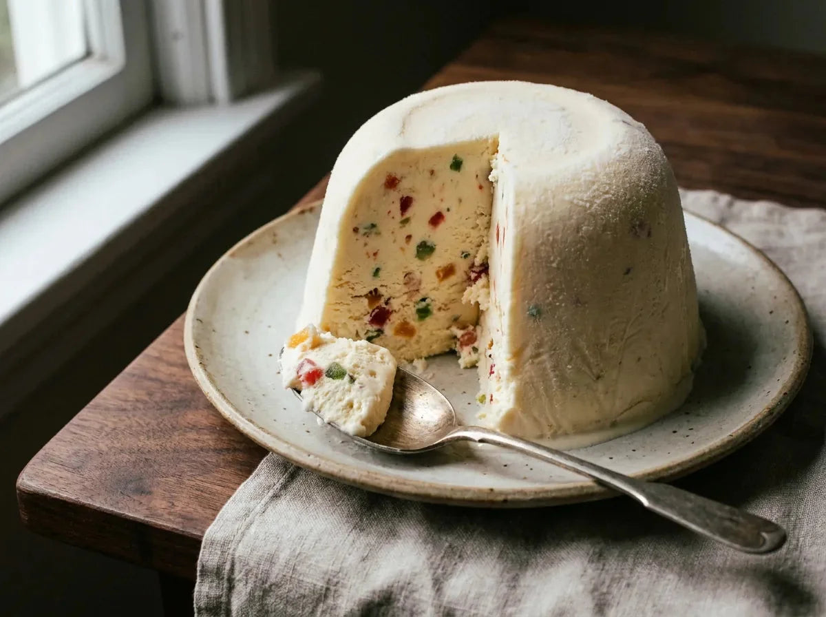 Timbale Élysée tranchée : entremets glacé chemisé de glace vanille et garni d’une mousse glacée aux fruits confits