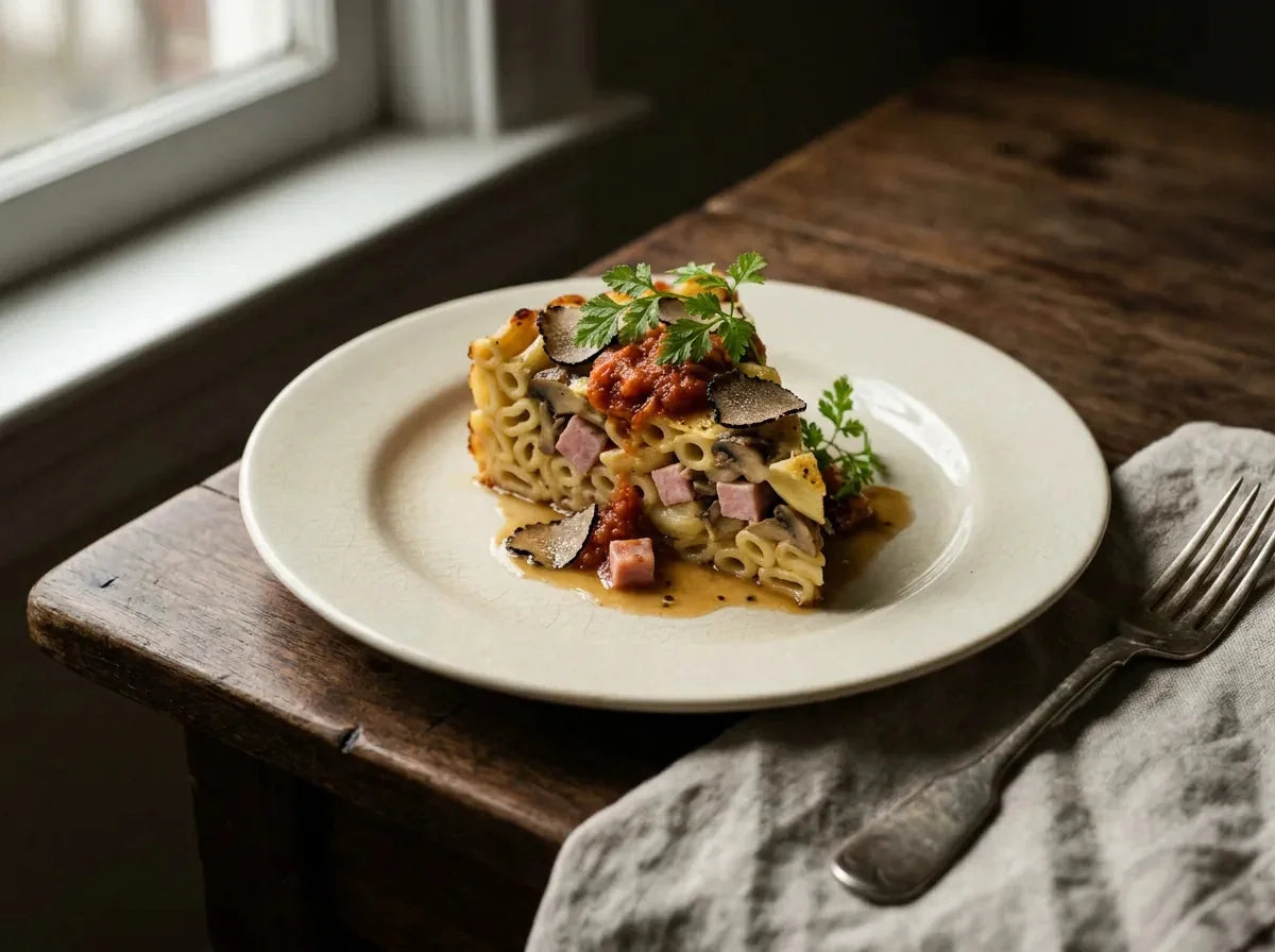 Part de timbale à la milanaise dressée sur assiette : macaronis liés, dés de jambon, champignons et truffe