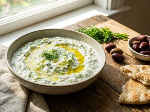 Bol de tzatziki maison crémeux au yaourt grec, concombre et aneth, filet d’huile d’olive, servi avec du pain pita
