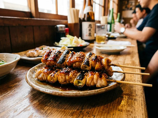 Brochettes de poulet yakitori laquées et brillantes, grillées, parsemées de sésame et d’oignon nouveau sur un plat