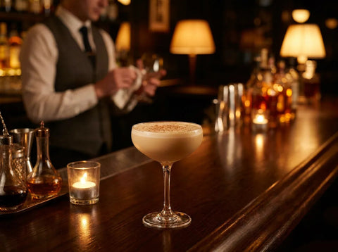 Brandy Alexander servi en coupe avec un voile de noix de muscade râpée
