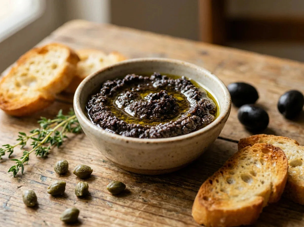 Bol de tapenade noire à la texture grossière avec toasts, câpres et olives