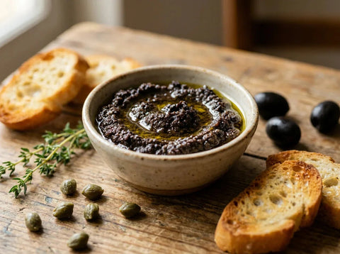 Bol de tapenade noire à la texture grossière avec toasts, câpres et olives