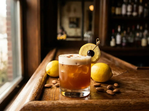 Amaretto Sour ambré à mousse blanche sur glace avec cerise et citron, amandes sur un comptoir de bar chaleureux