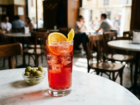 Americano rouge vif sur glace dans un verre highball, tranche d'orange et zeste de citron, terrasse de café italien en lumière naturelle