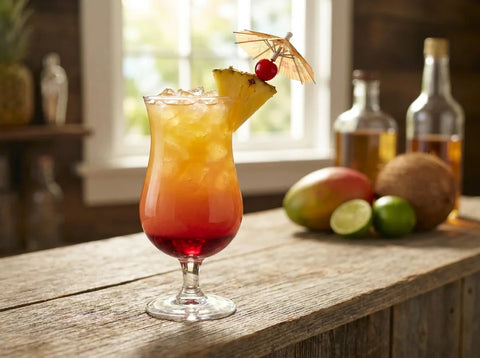 Bahama Mama en verre hurricane avec dégradé grenadine et ananas, ombrelle et cerise, comptoir de bar tropical