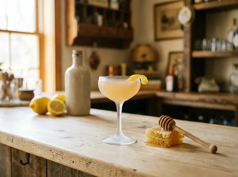 Bee's Knees doré en coupette avec zeste de citron, rayon de miel et cuillère à miel sur comptoir de bar clair