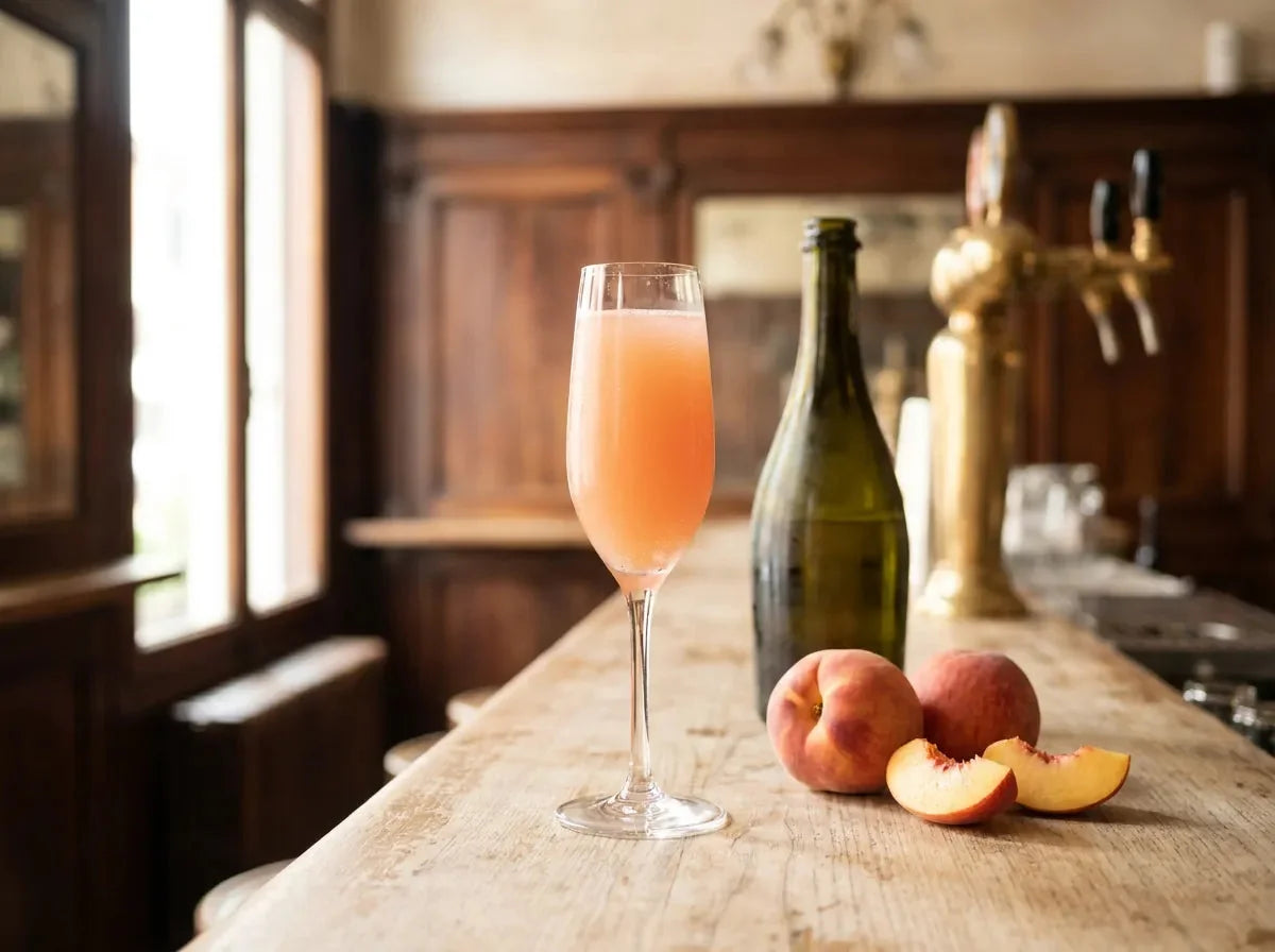 Bellini rose pêché à fines bulles en flûte, pêches fraîches et bouteille de prosecco sur comptoir de bar vénitien