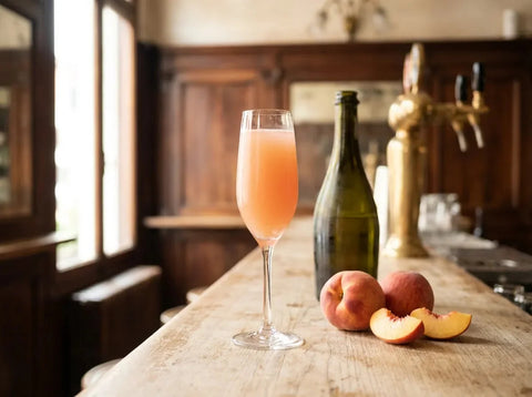 Bellini rose pêché à fines bulles en flûte, pêches fraîches et bouteille de prosecco sur comptoir de bar vénitien
