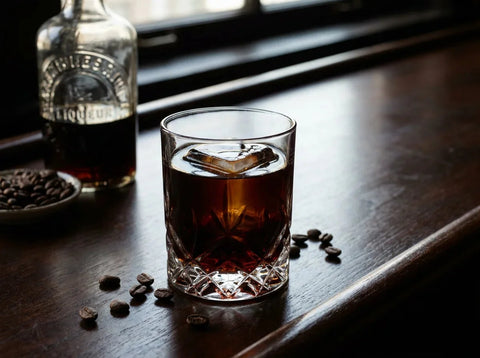 Black Russian très sombre sur un gros glaçon en verre old fashioned, grains de café et flacon de liqueur