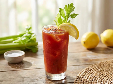 Bloody Mary sur glace avec branche de céleri, citron et poivre dans un grand verre