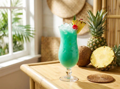 Blue Hawaiian turquoise crémeux en verre hurricane sur glace pilée, quartier d'ananas et cerise, ambiance bar tiki