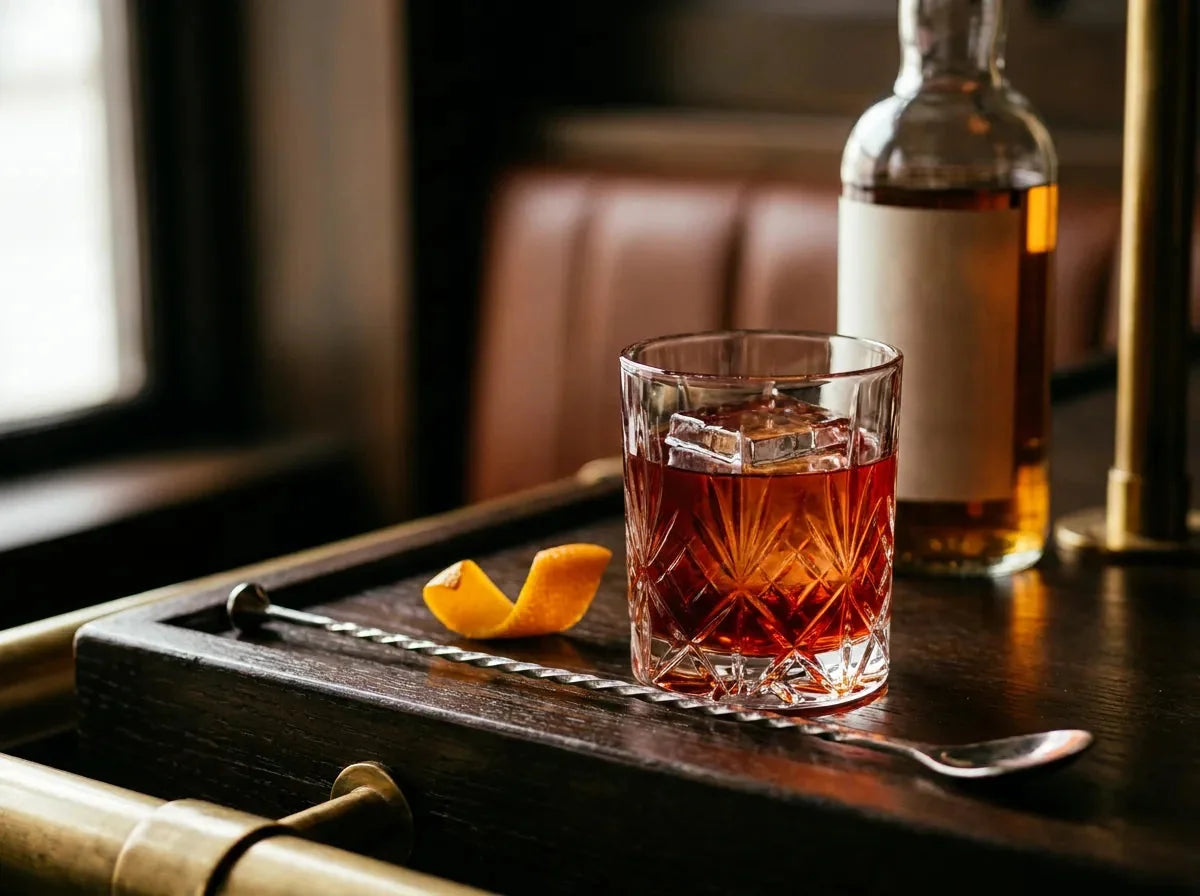 Boulevardier rouge-ambré sur gros glaçon en verre old fashioned avec zeste d'orange, bouteille de whisky sur bar sombre