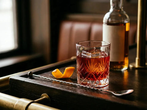 Boulevardier rouge-ambré sur gros glaçon en verre old fashioned avec zeste d'orange, bouteille de whisky sur bar sombre
