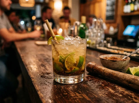 Caïpirinha sur glace pilée avec quartiers de citron vert écrasés et pilon