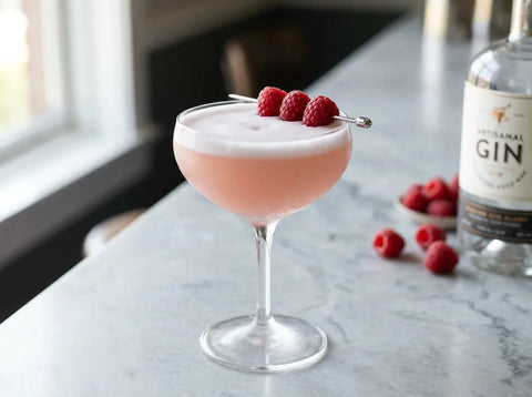 Clover Club rose à la mousse blanche fine en coupette, trois framboises sur pique, comptoir de marbre clair