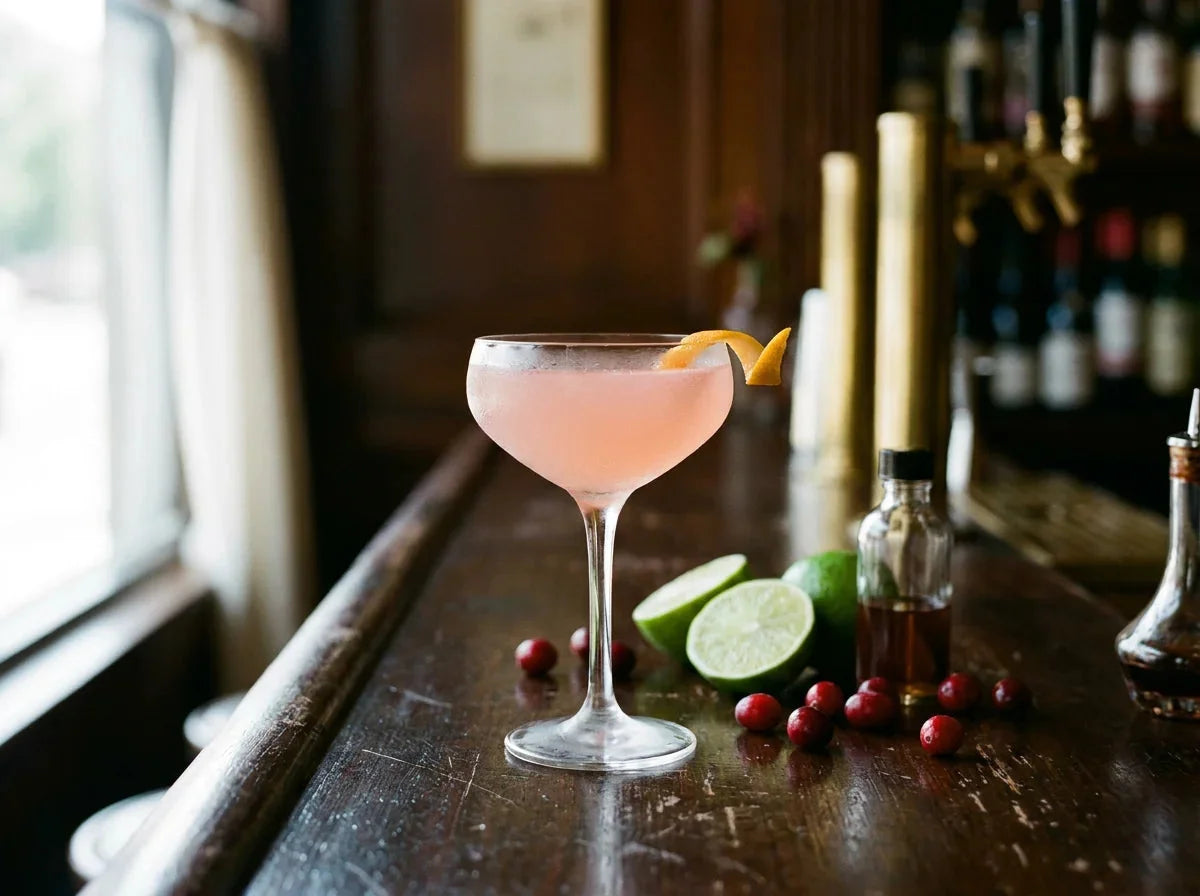 Cosmopolitan rose pâle en coupette glacée avec zeste d'orange, sur un comptoir de bar en lumière naturelle