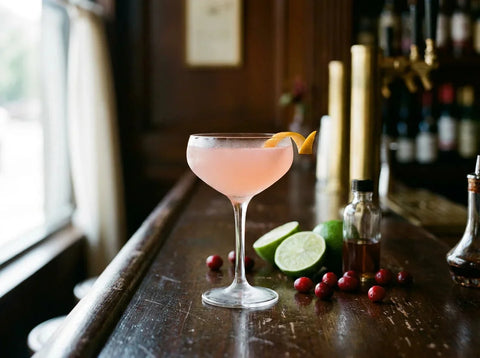 Cosmopolitan rose pâle en coupette glacée avec zeste d'orange, sur un comptoir de bar en lumière naturelle