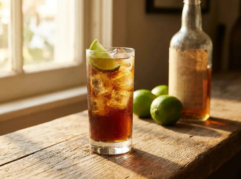 Cuba Libre en verre highball rempli de glace, robe cola brune, quartier de citron vert sur le bord, bar rustique