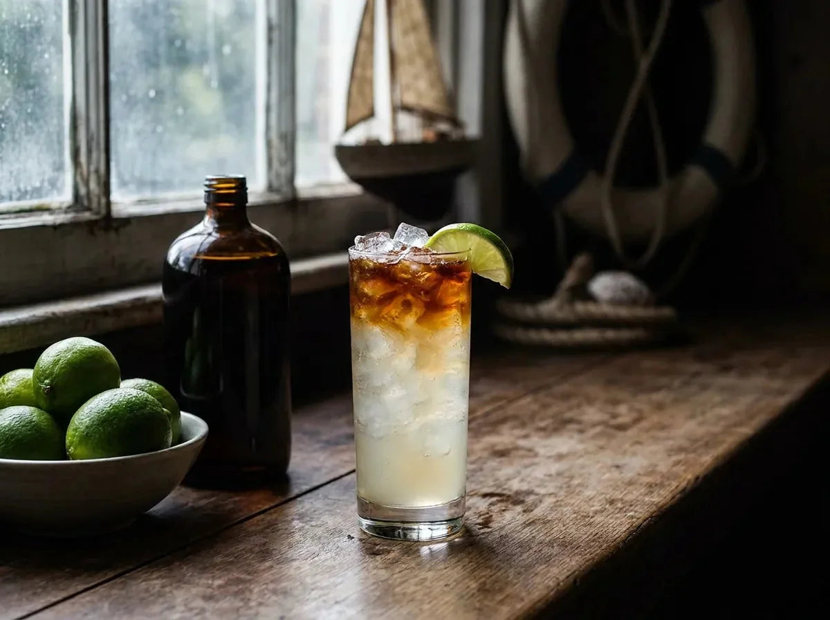 Dark and Stormy en verre highball avec dégradé de rhum ambré sur ginger beer dorée, quartier de citron vert et glace