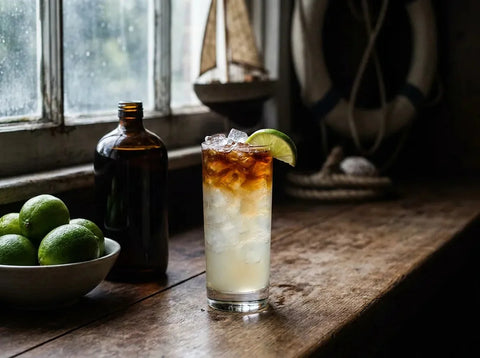 Dark and Stormy en verre highball avec dégradé de rhum ambré sur ginger beer dorée, quartier de citron vert et glace