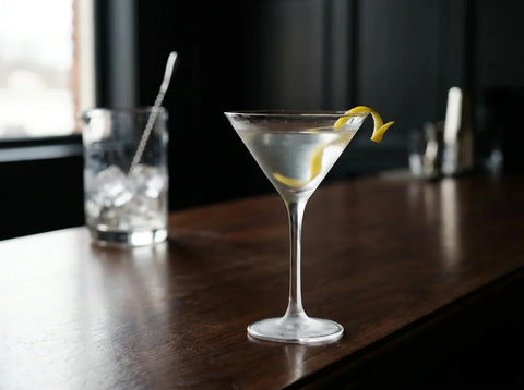 Dry martini limpide en verre à martini glacé avec zeste de citron, verre à mélange en arrière-plan, bar feutré en lumière naturelle