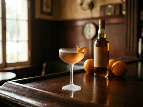 El Presidente ambré-rosé en coupette avec zeste d'orange, bouteille de rhum ambré et oranges sur bar élégant