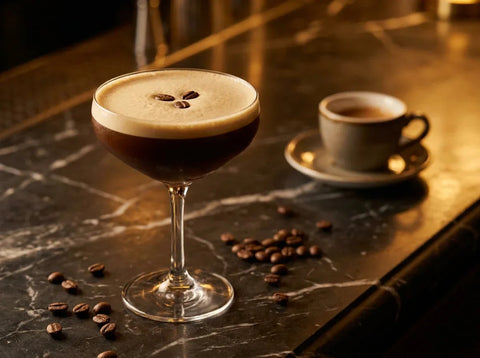 Espresso martini avec mousse dense et trois grains de café en coupette glacée