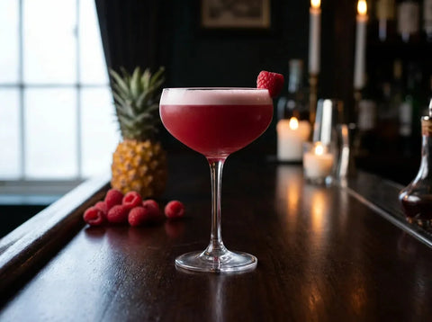French Martini rose framboise à fine mousse en coupette avec framboise, framboises et ananas sur bar sombre