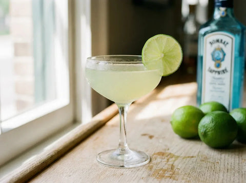 Gimlet vert pâle en coupette glacée avec roue de citron vert, citrons verts et bouteille de gin sur un comptoir de bar