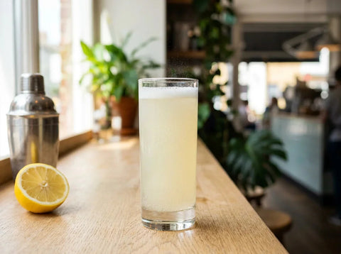 Gin fizz mousseux dans un verre highball court sans glace, bulles fines et citron pressé, comptoir de bar en lumière naturelle