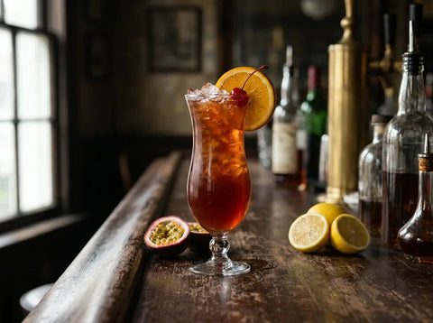 Hurricane rouge ambré dans son verre incurvé avec tranche d'orange et cerise, fruits de la passion sur comptoir de bar